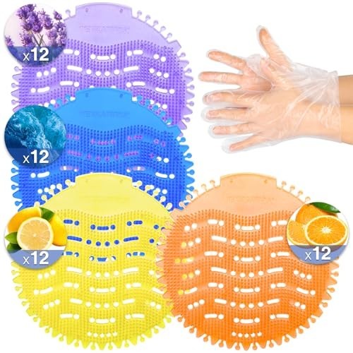 48 Pack Urinal Deodorizer Screens with Gloves - 3D Wave Anti-Splash Odor Control
