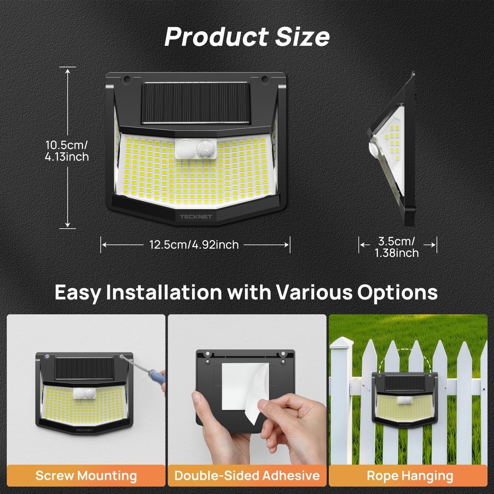 TECKNET 248 LED Outdoor Solar Lights & Motion Sensor 4 Pack, 300° Angle & 3