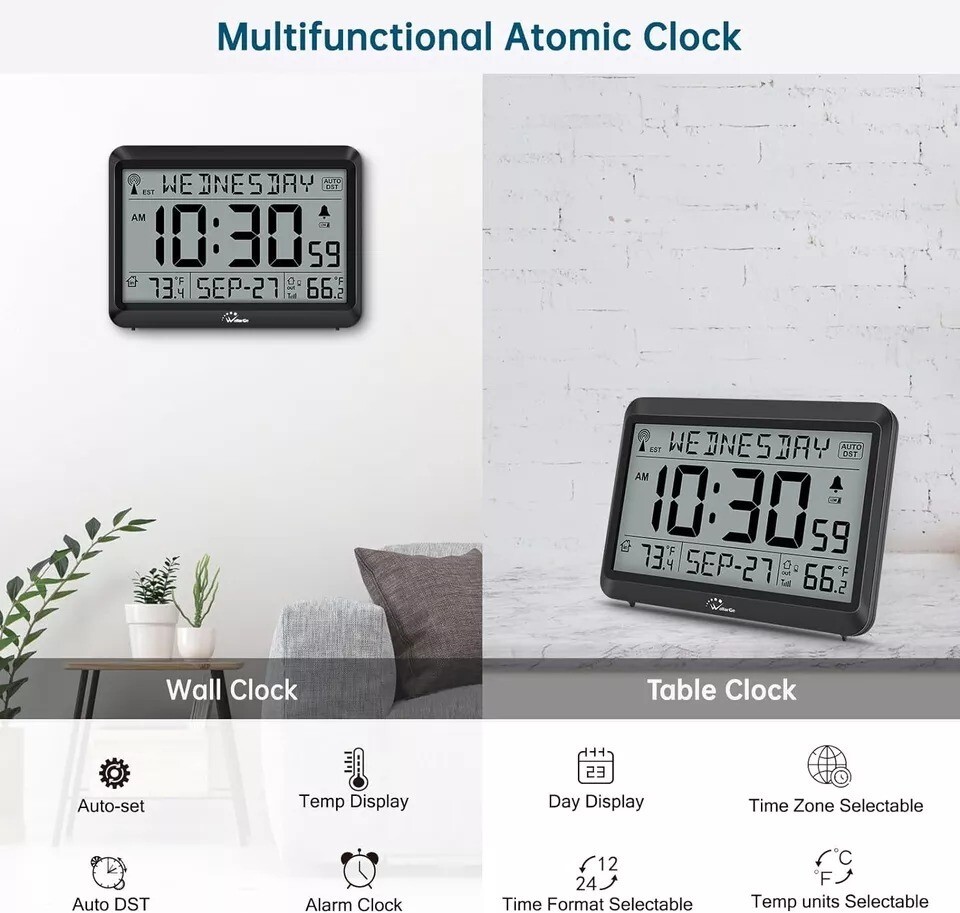 Atomic Clock With Indoor Outdoor Temperature, Self-setting Digital Wall