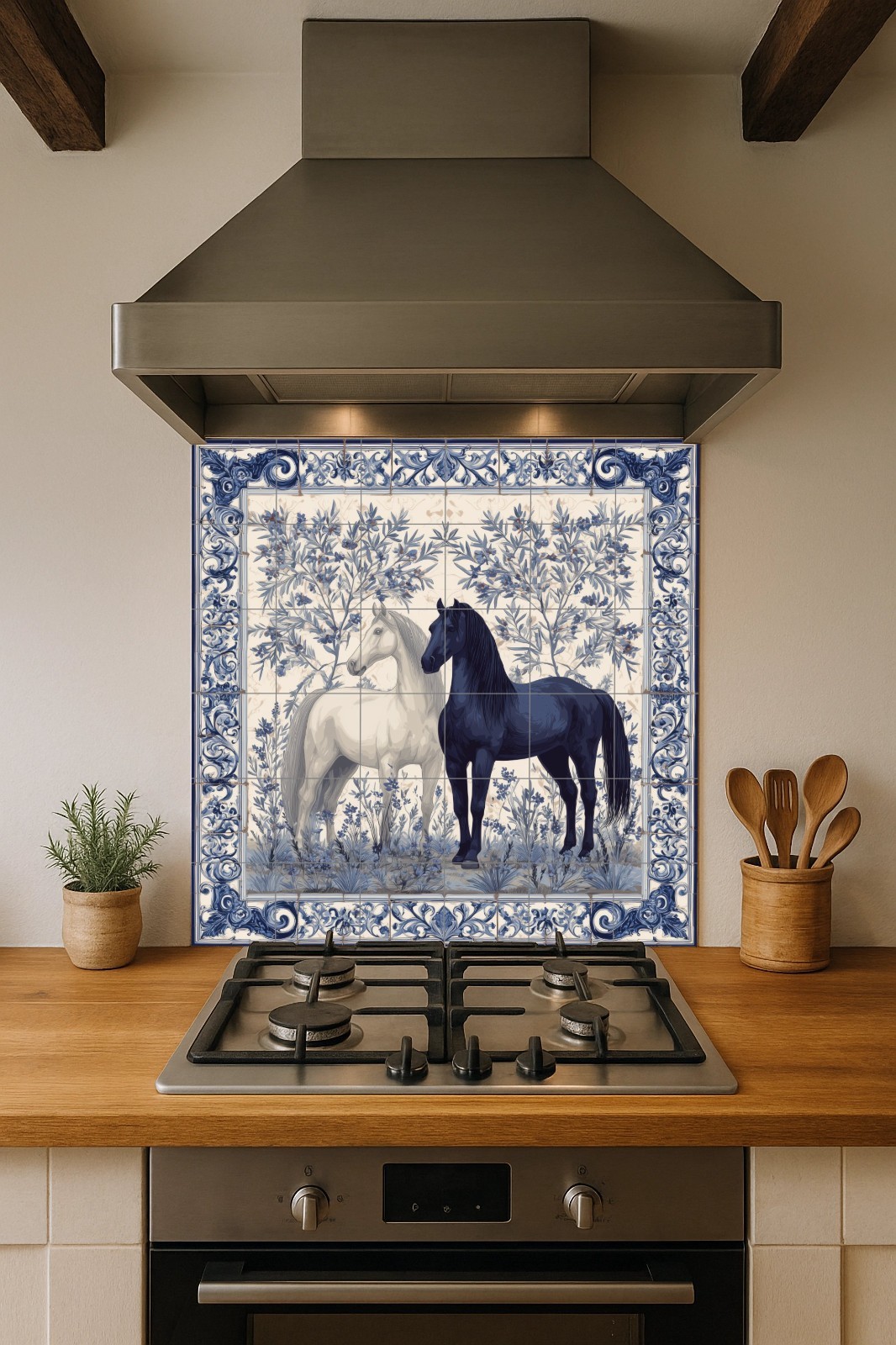Equestrian Ceramic Tile Mural – Black & White Horses, Blue Floral Wall Art