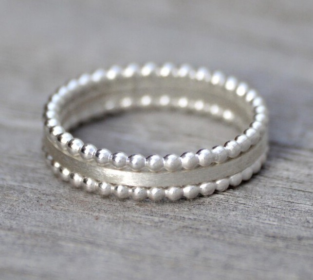 Solid 925 Sterling Silver Beaded & Smooth Set of 3 Stacking Band Handmade Ring
