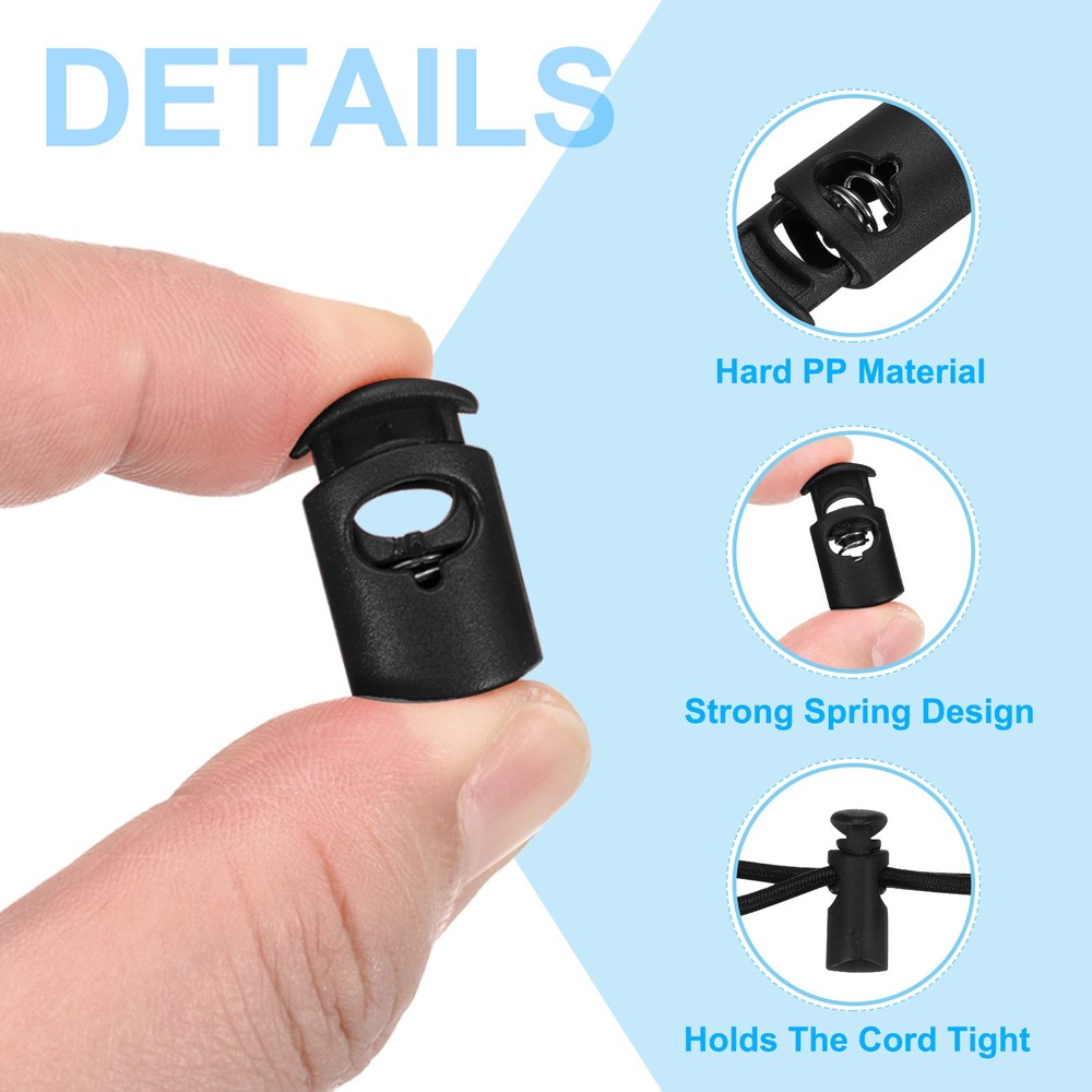100pcs Plastic Cord Lock, Single Hole Spring Toggle Stopper Cord Fastener, Black