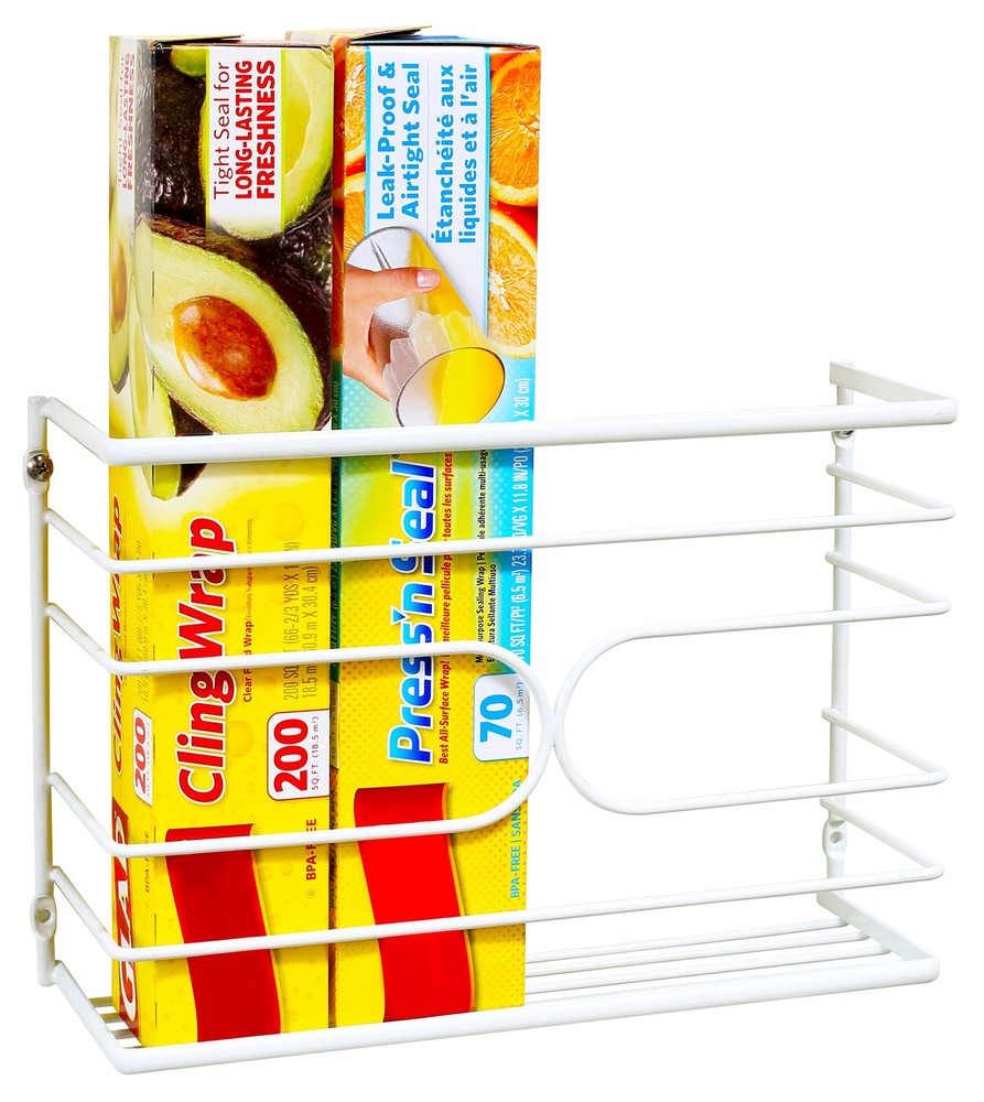 Wall Mount Wrap Organizer Kitchen Storage Rack White Metal