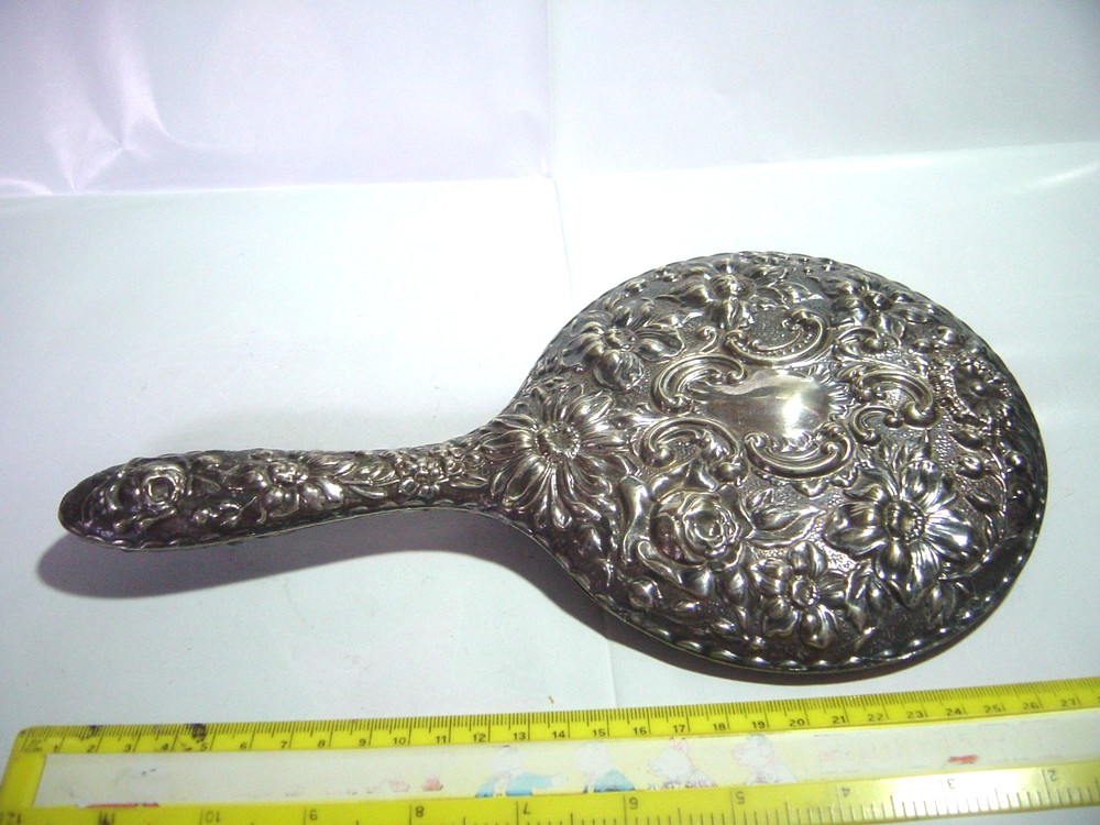 SPECTACULAR- SILVER OR PLATED ?- LARGE ELEGANT HAND HELD MIRROR-SUPERB DESIGN