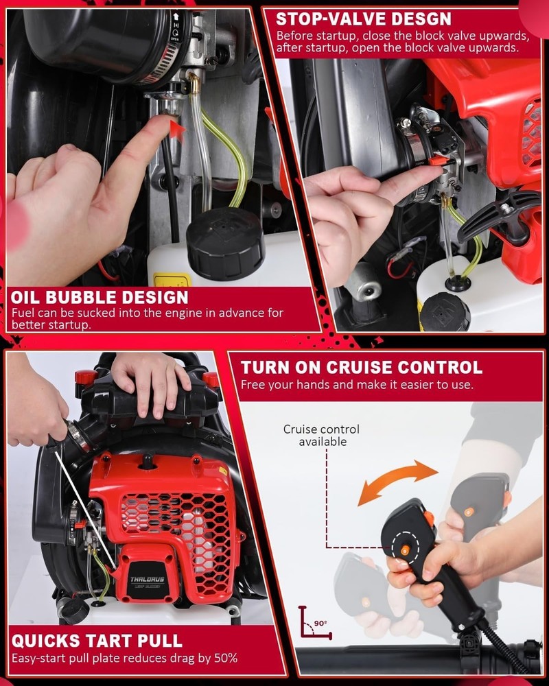 Fast Lawn Cleanup with 63CC Backpack Leaf Blower: 205 MPH, Variable Control, Red