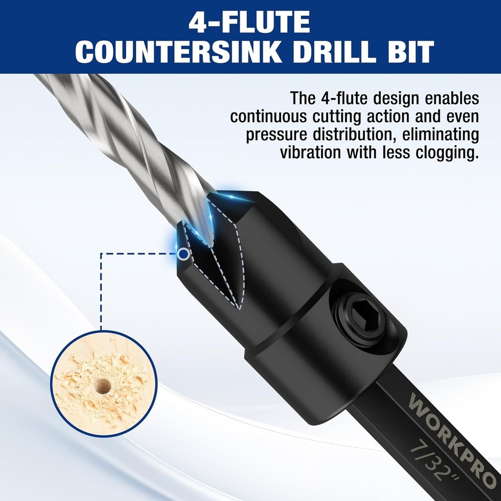 WORKPRO 5-Pack Countersink Drill Bit Set M2 HSS Adjustable with Included Hex Key