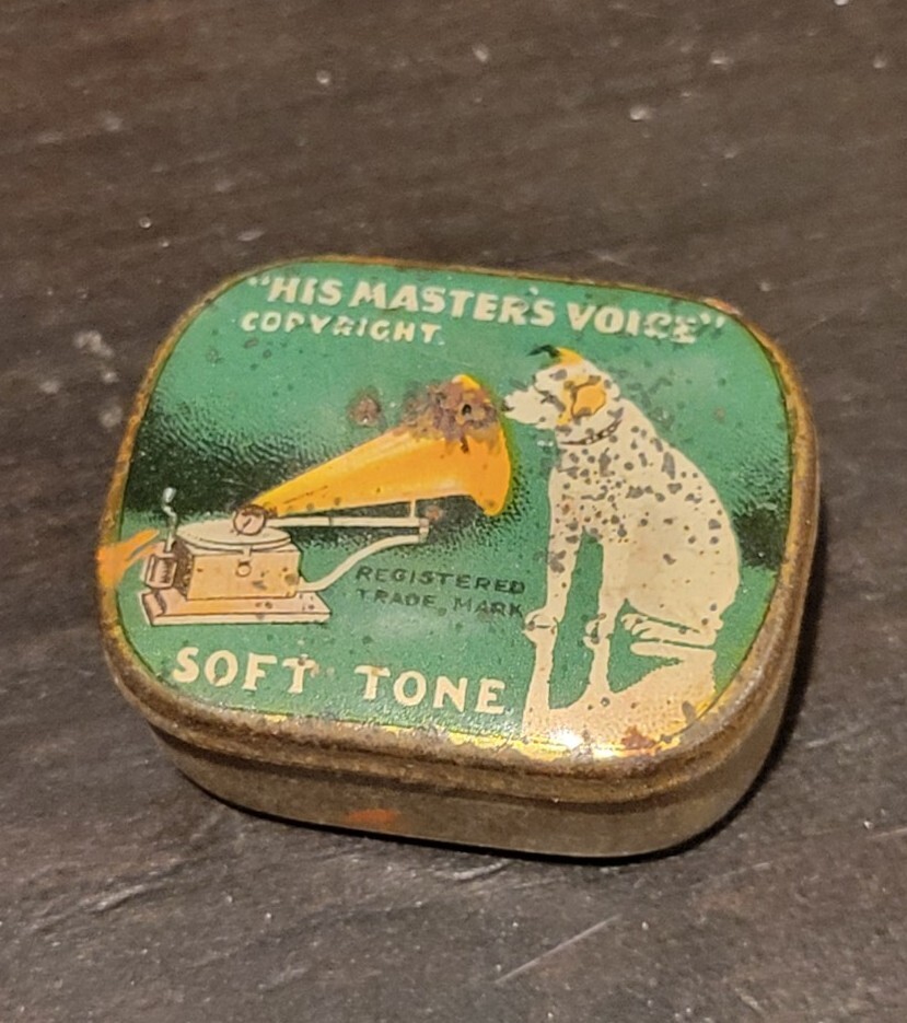 Gramophone phonograph needle tin Hmv Nipper Dog Soft Green Empty
