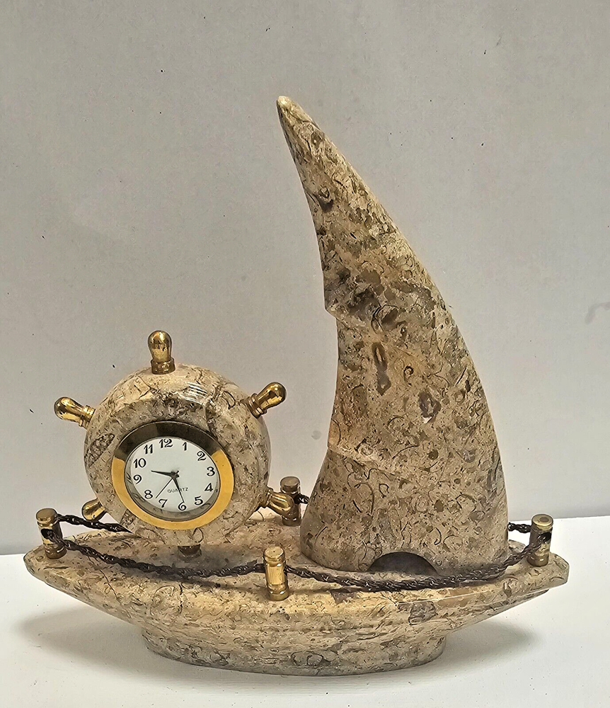 Natural Brown Marble Boat/ Ship Clock Vintage Handdmade