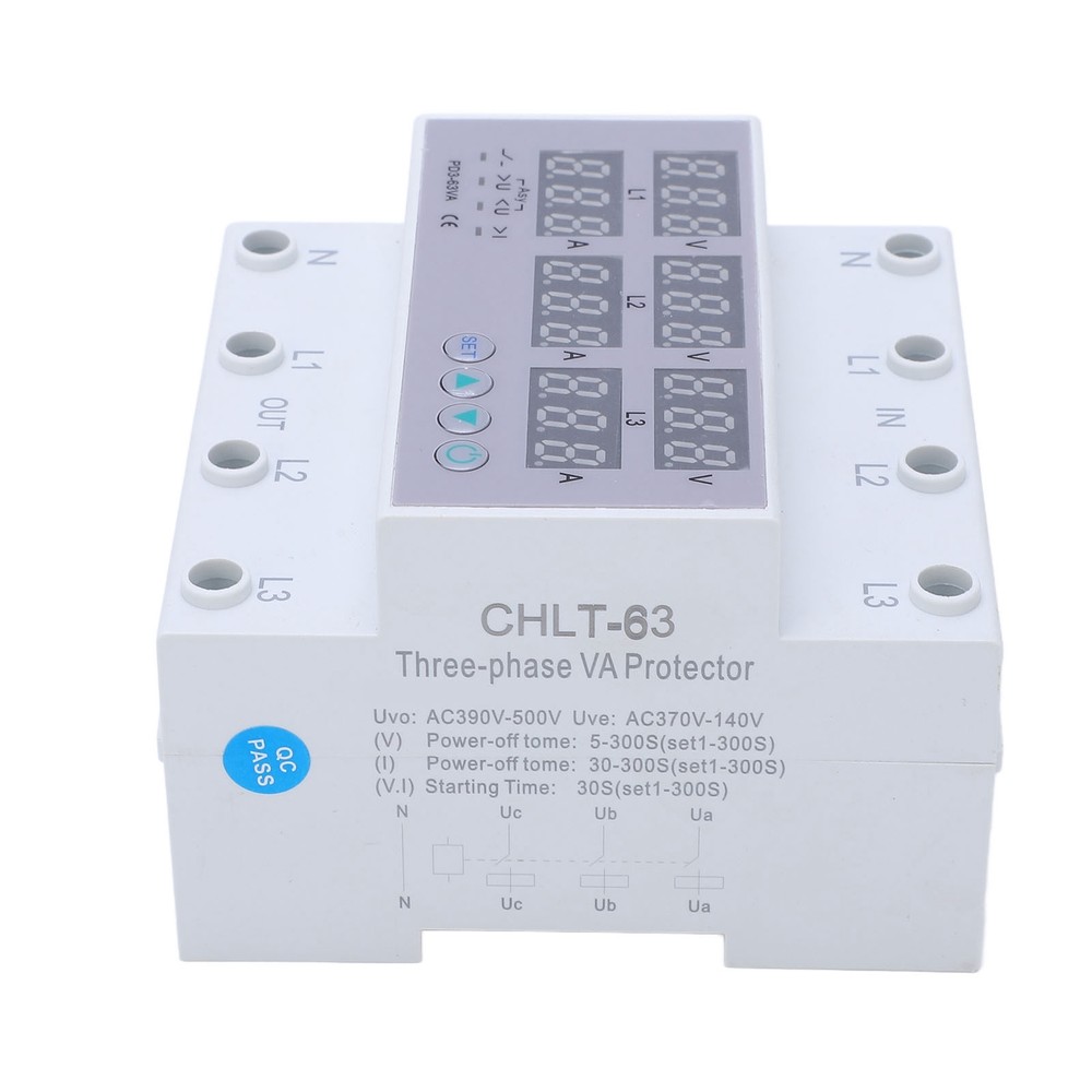 3Phase DIN Rail Voltmeter Ammeter Automatic Overvoltage Overcurrent Protector63A