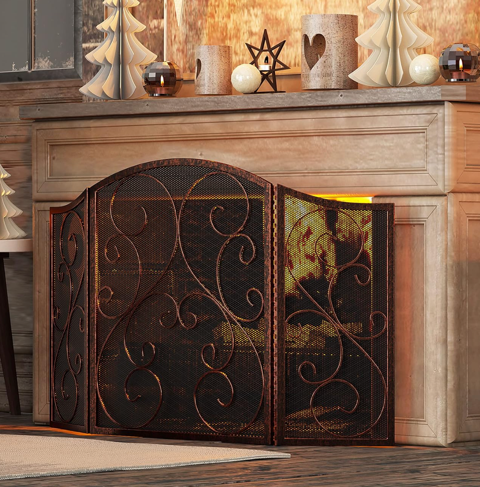 3 Panel Iron Fireplace Mesh Screen Traditional Scroll Metal Brushed Copper Guard