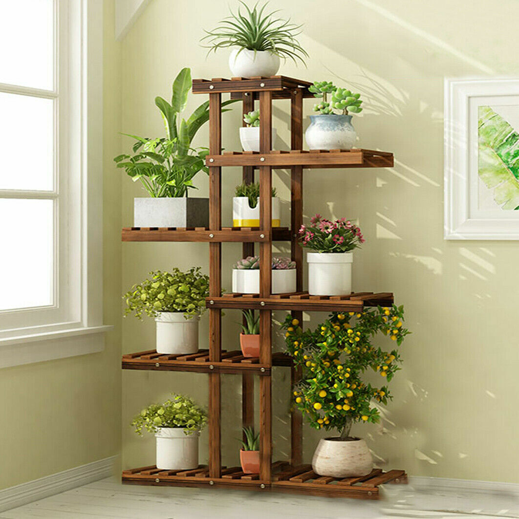Wall Corner Wooden Plant Stand Indoor Outdoor Garden Flower Pot Shelf Space Save