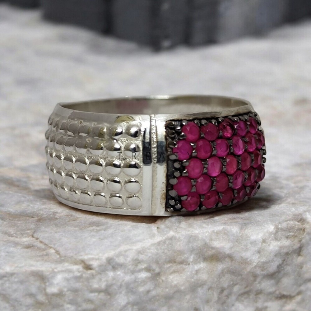 Ruby Round Cut Gemstone With 14K Solid White Gold Ring For Men's #A108