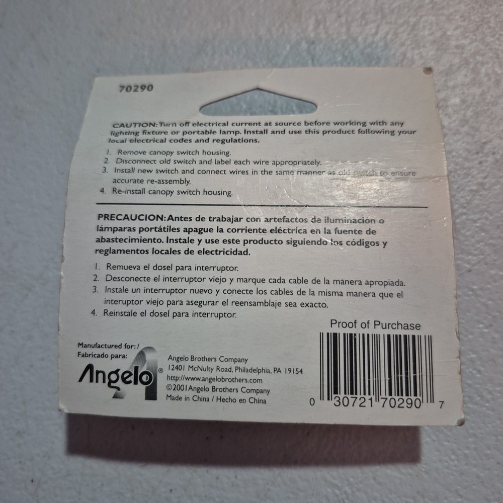 ANGELO PULL CHAIN CANOPY SWITCH 70290~ NEW & UNOPENED