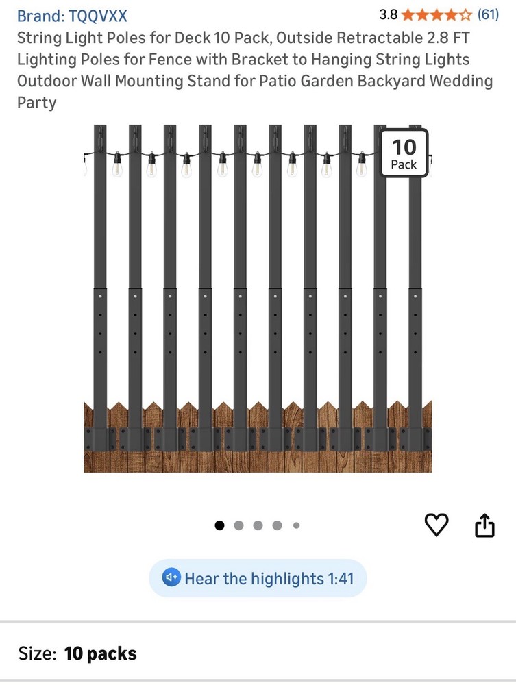 String Light Poles for Deck 10 Pack Outside Retractable 2.8 FT 10 packs