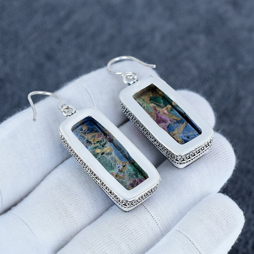 Multi Copper Turquoise Gemstone Handmade Earrings - 925 Solid Sterling Silver