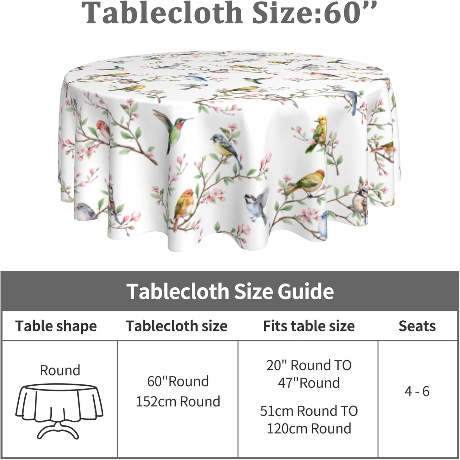Spring Summer Tablecloth round 60 Inch, Birds Branch Floral Table Cloth Washable