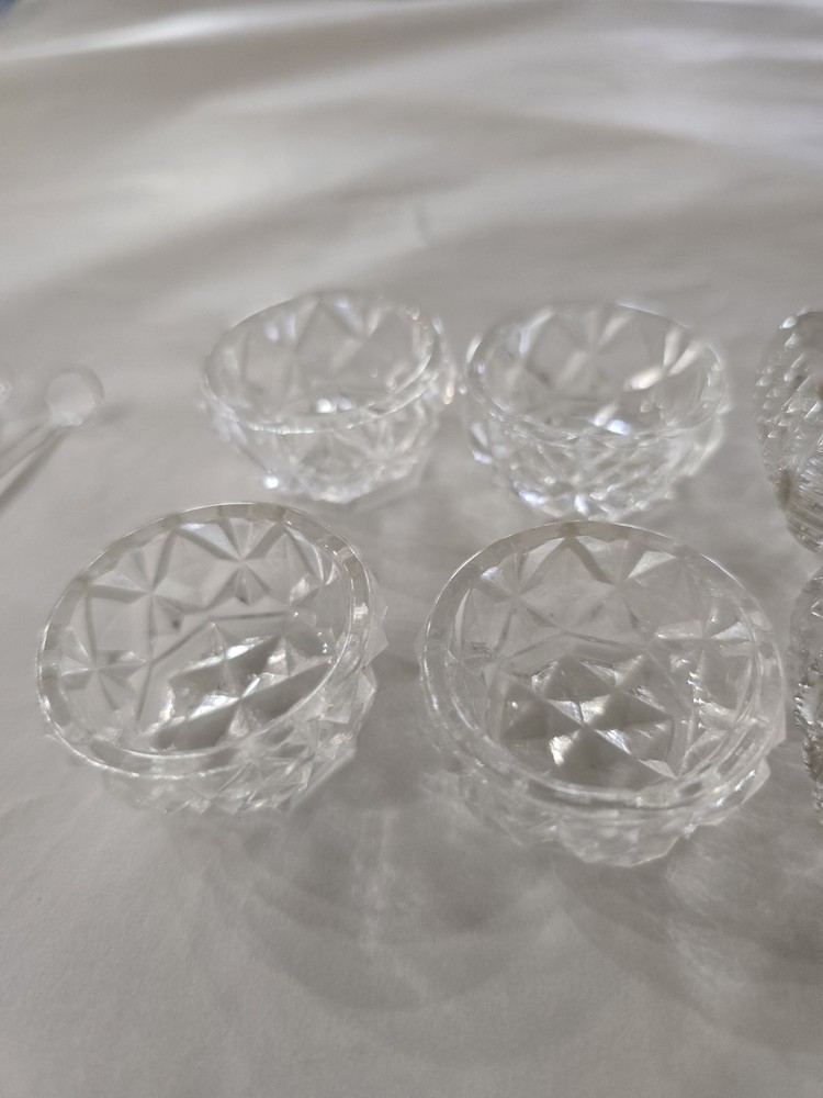 Clear Glass Diamond Pattern Open Salt Cellars Round Square Set with Spoons Box