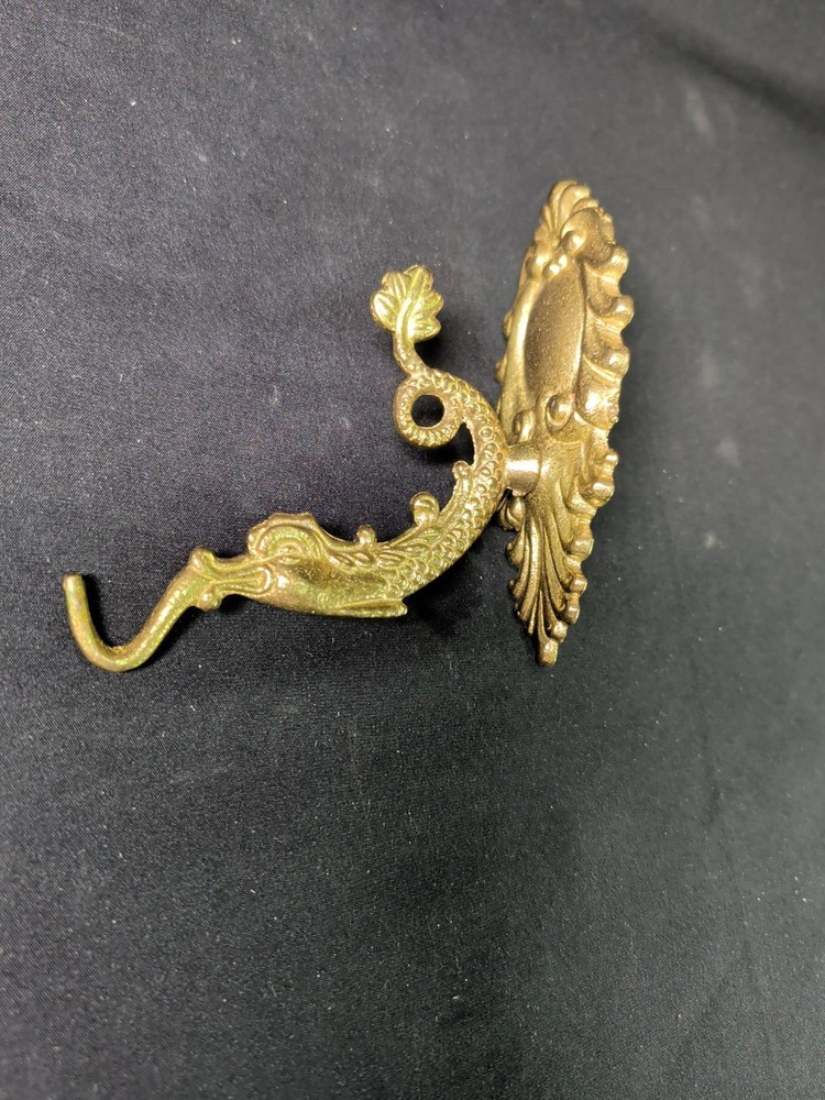 Vintage Ornate Solid Brass Planter Bracket Hook Fish Shaped Detailed Backplate