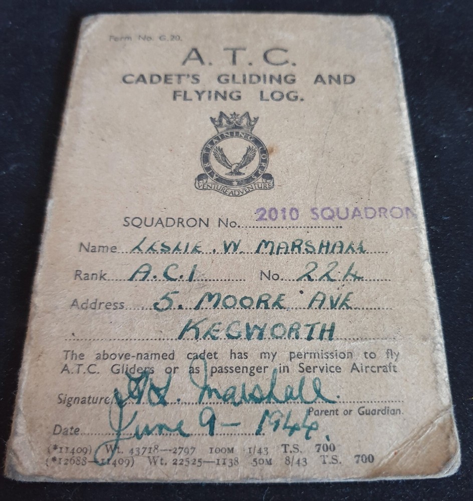 WW2 RAF Air Training Corps Cadet's Gliding and Flying Log- Dated 1943 to 1945