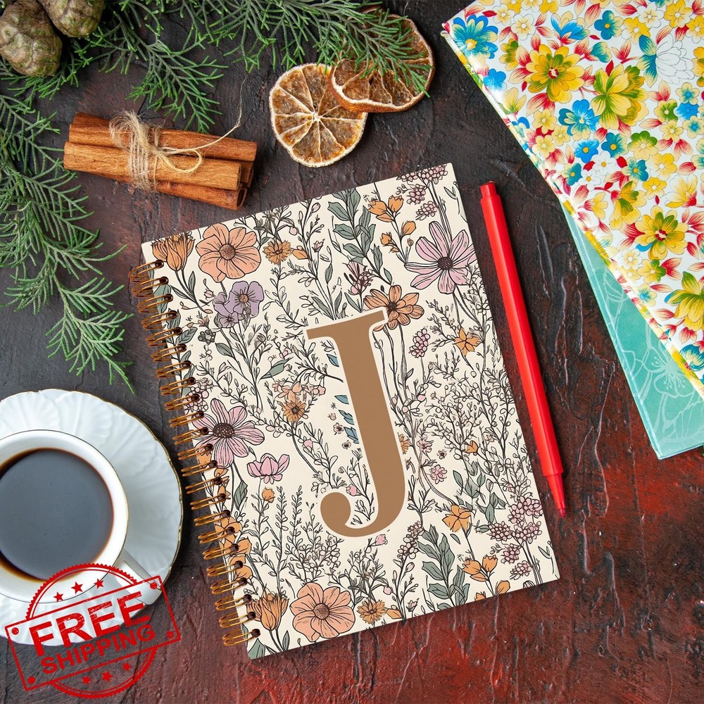 JXREQ Boho Floral Initial J Notebook Journal, Monogrammed 5.5x8.3"