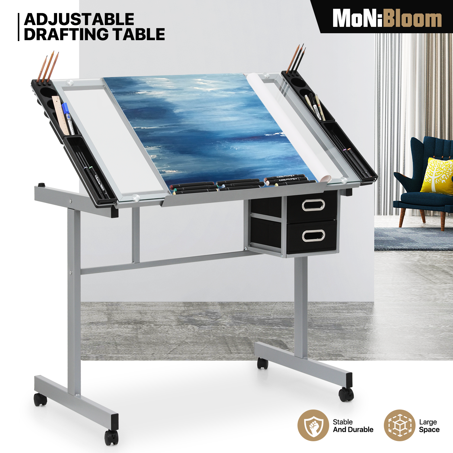 Adjustable Rolling Drafting Table Tempered Glass Tabletop Painting Work Station