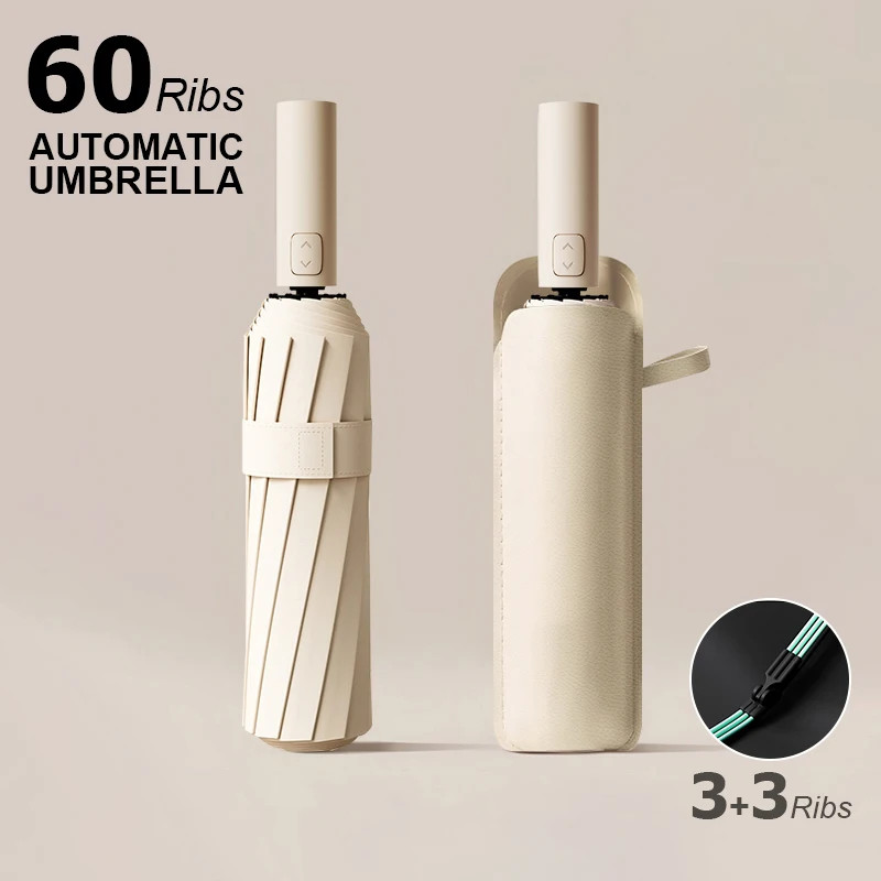 Windproof Automatic Umbrella with Leather Umbrella Cover Portable
