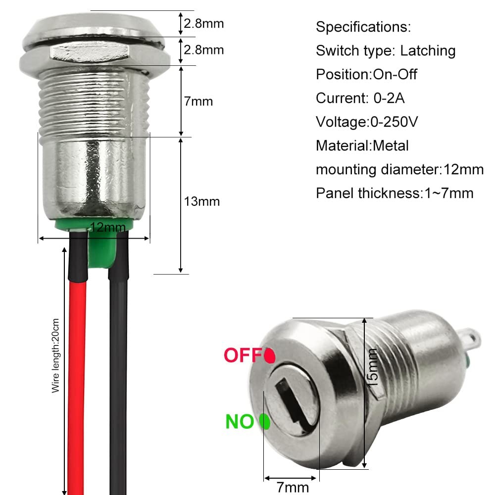 12mm On/Off Metal Key Lock Switch Prewired Maintained