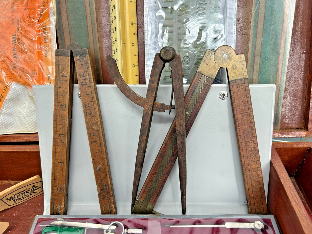 LARGE VINTAGE Tool Lot: Drafting Instruments, Precision Files, Templates & Case