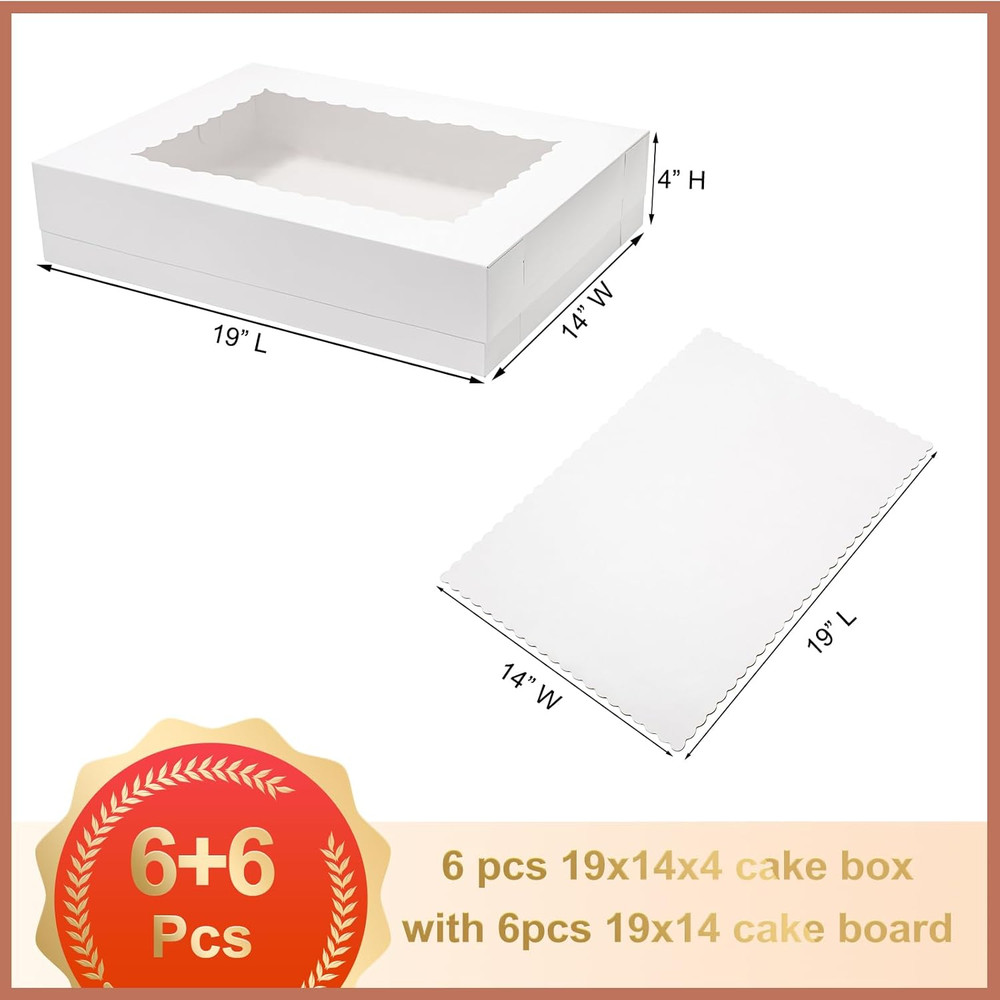 Half Sheet Cake Boxes with Cake Boards and Window - 6 Pack, White