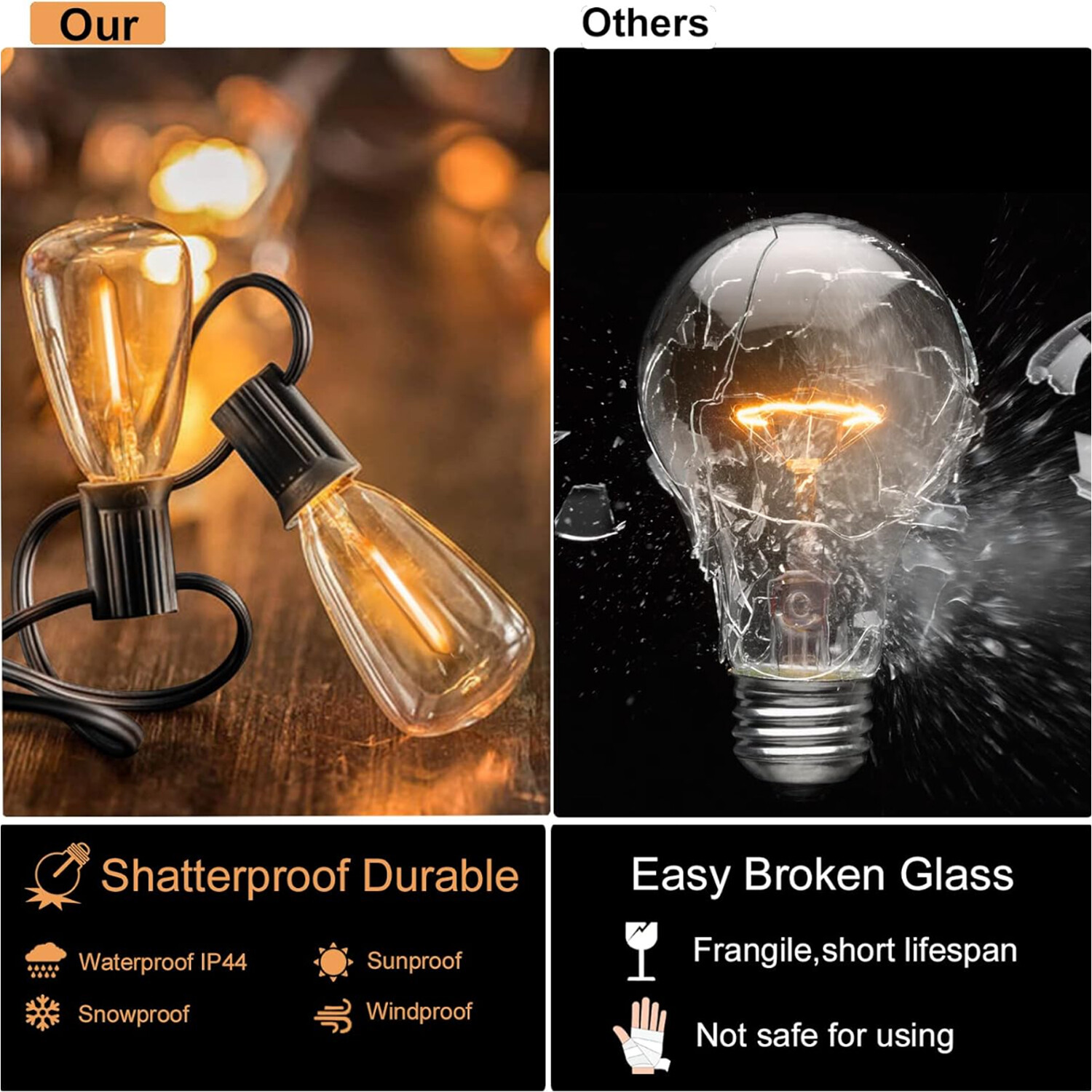 Outdoor String Lights, IP65 Waterproof Led Lights,Hanging for Backyard Garden