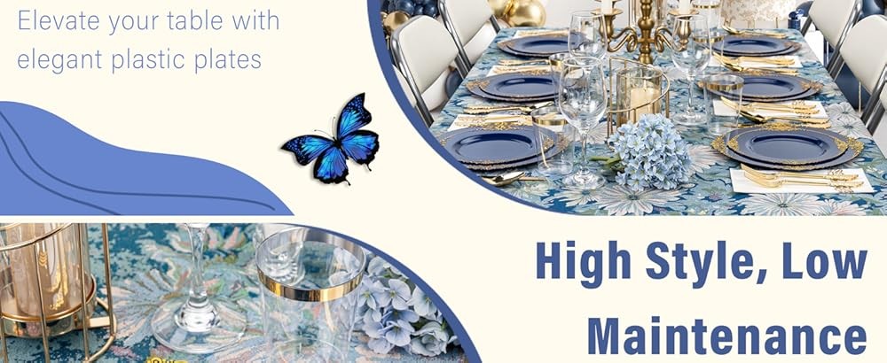 Blue Plastic Plates - Blue Gold Plastic Dinnerware Set Disposable