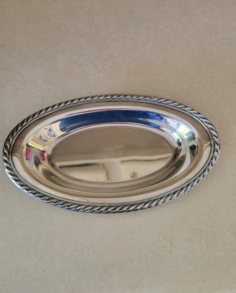 Silverplate Oval Shallow Serving Bowl 12X7 Rope Edge