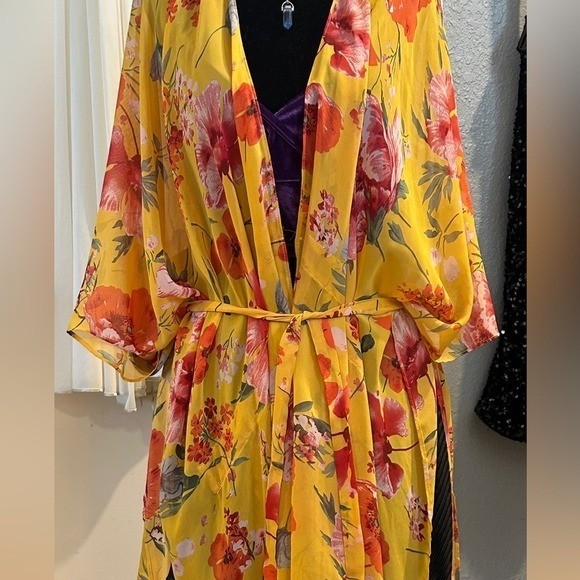 Floral Chiffon Kimono Beach Cover-Up Loose Flowy Vacation XLARGE