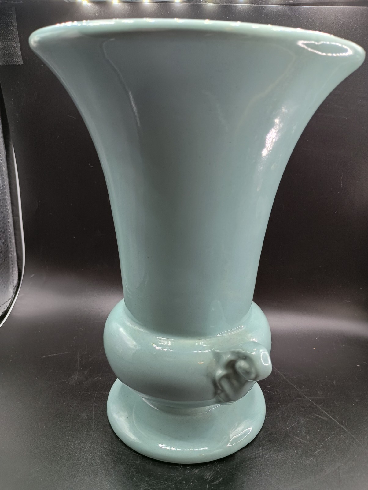 Vintage Pottery Vase Turquoise 9 1/4" H HAEGAR USA Scroll Handle Urn Footed Nice