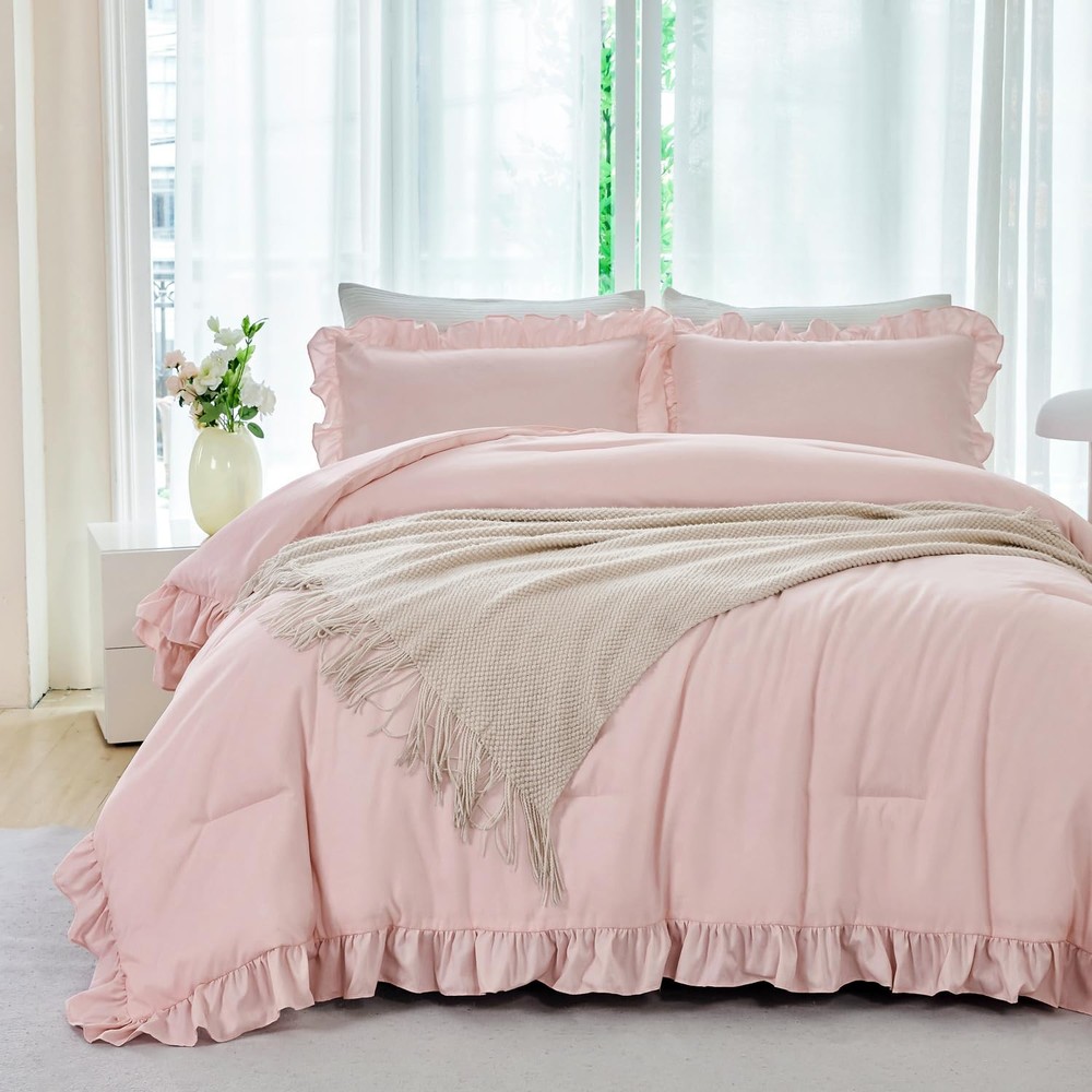 ANGIYUIN 5 Pieces Blush Pink Ruffled Comforter Sets Full(5Pcs),