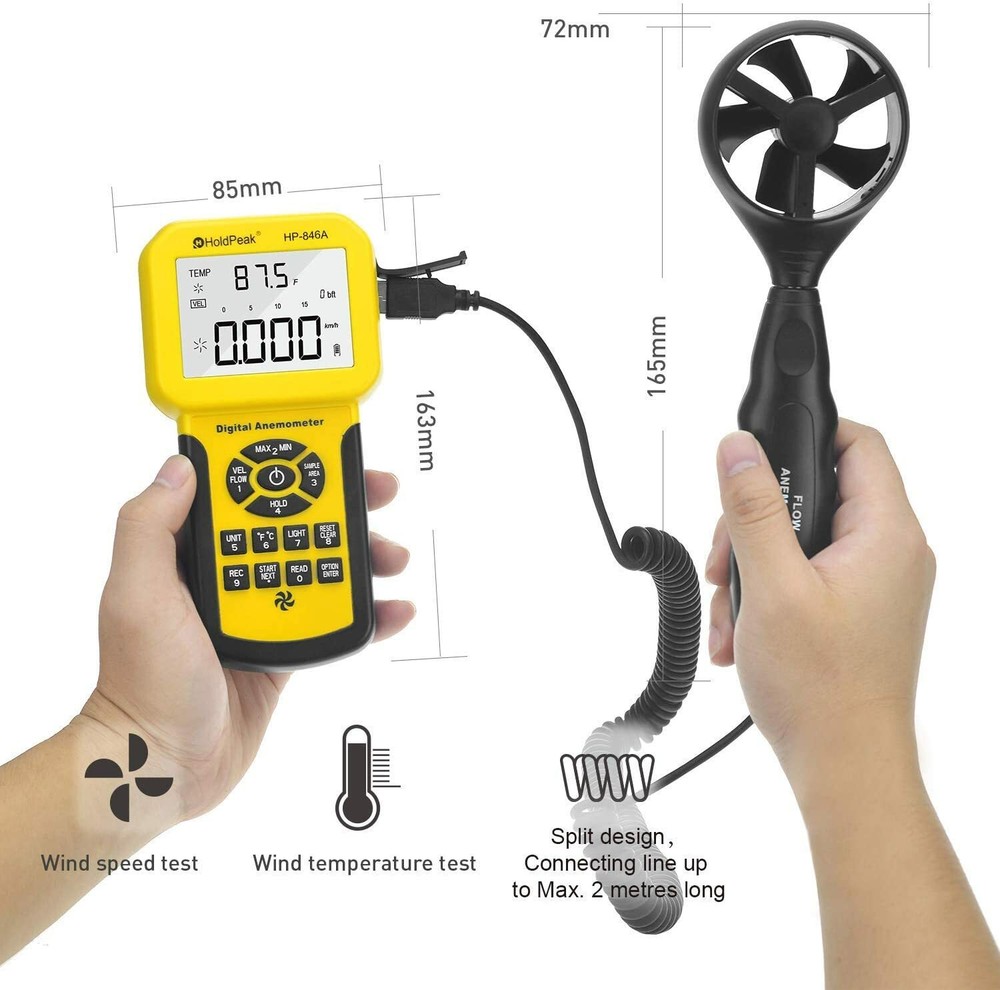 Digital Anemometer 40m/s Temperature Measure MAXMIN Air Volume Wind Flow CFM CMM