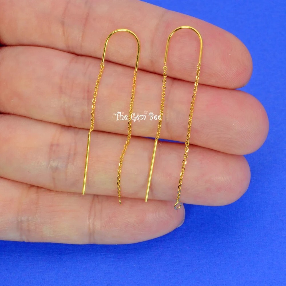 18K Solid Yellow Gold Ear Thread Earwire with loops 1.85 Inch Length