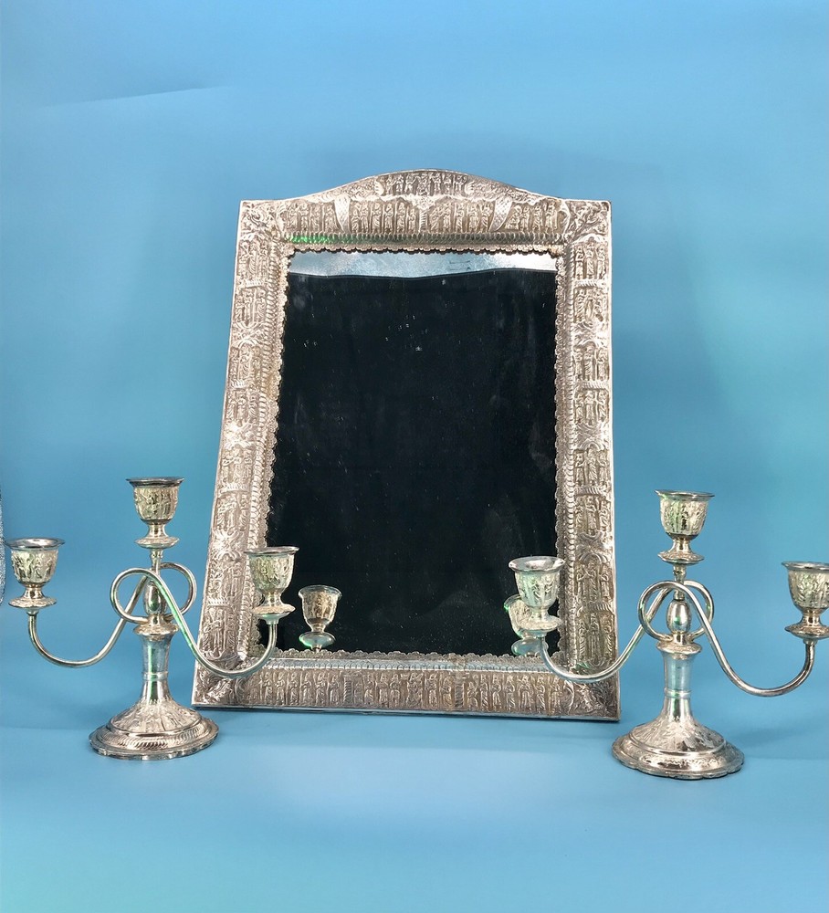 Middle Eastern,carved set Candlestick & Sheet Mirror 84 SOLID Silver 2800 grams