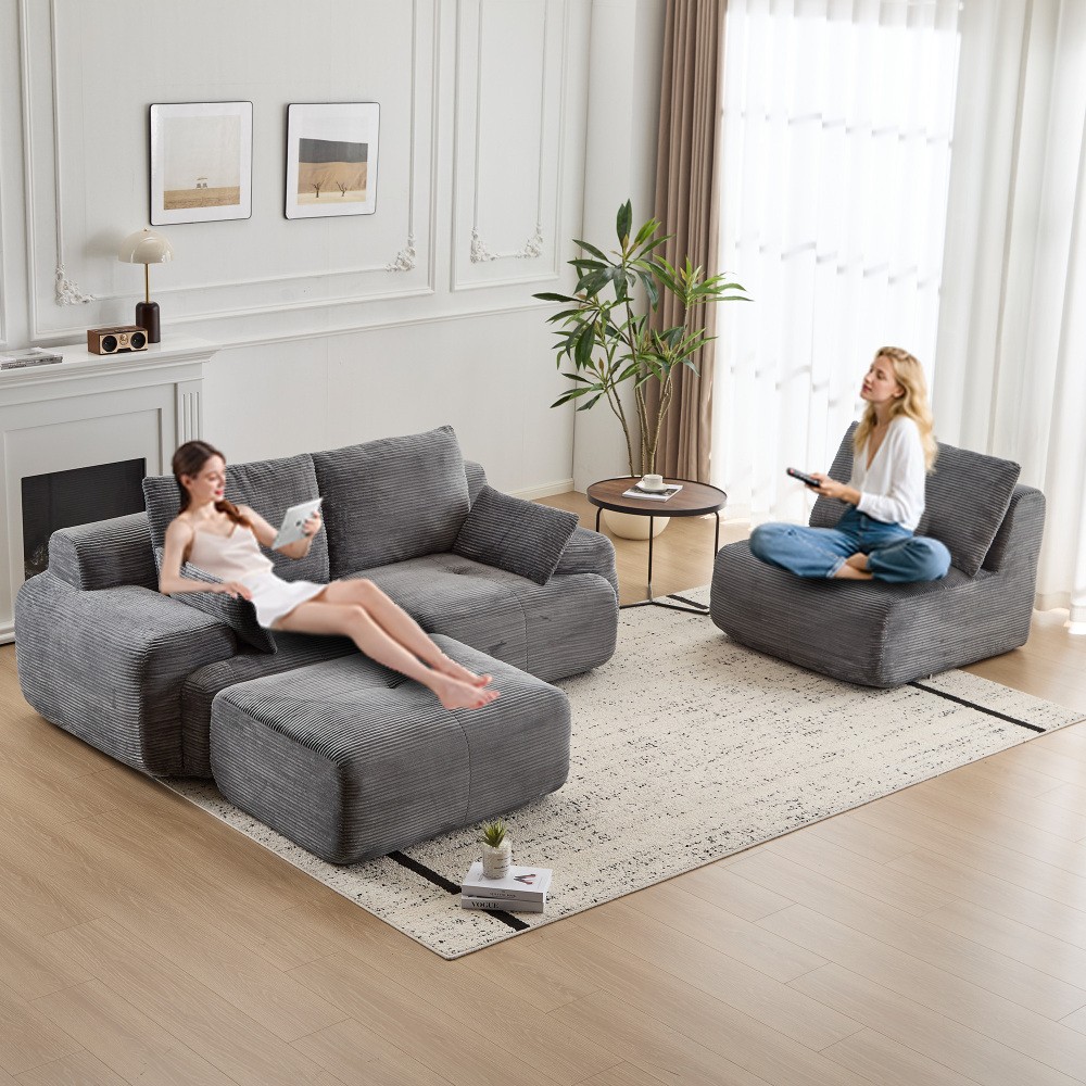 Large Modular Cloud Sofa w/ Memory Foam Corduroy Fabric Grey