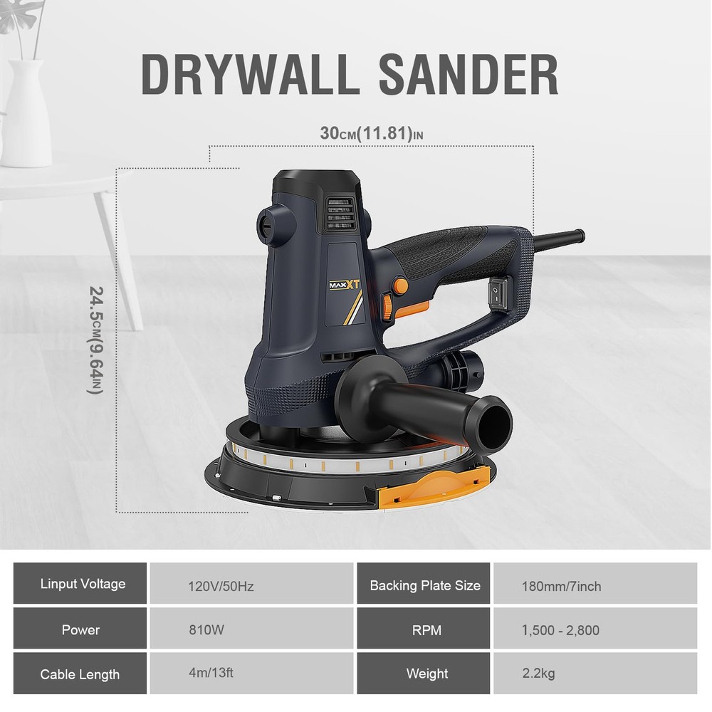 Electric Drywall Sander, 810W Variable Speed, Self-Dust Extraction, Adjustable