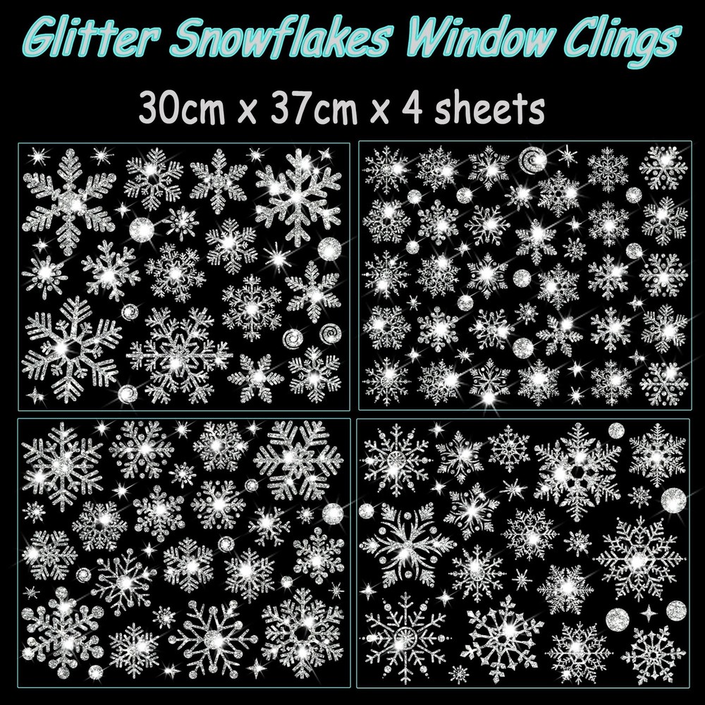 Glitter Snowflake Window Clings, 147PCS Silver Sparkling Christmas Window Cli...