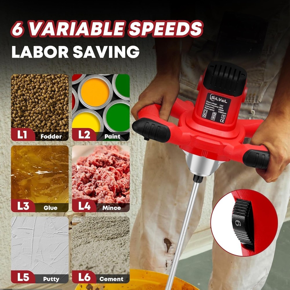 Efficient 2300W Electric Mortar Mixer - Lightweight & Adjustable Speed Control