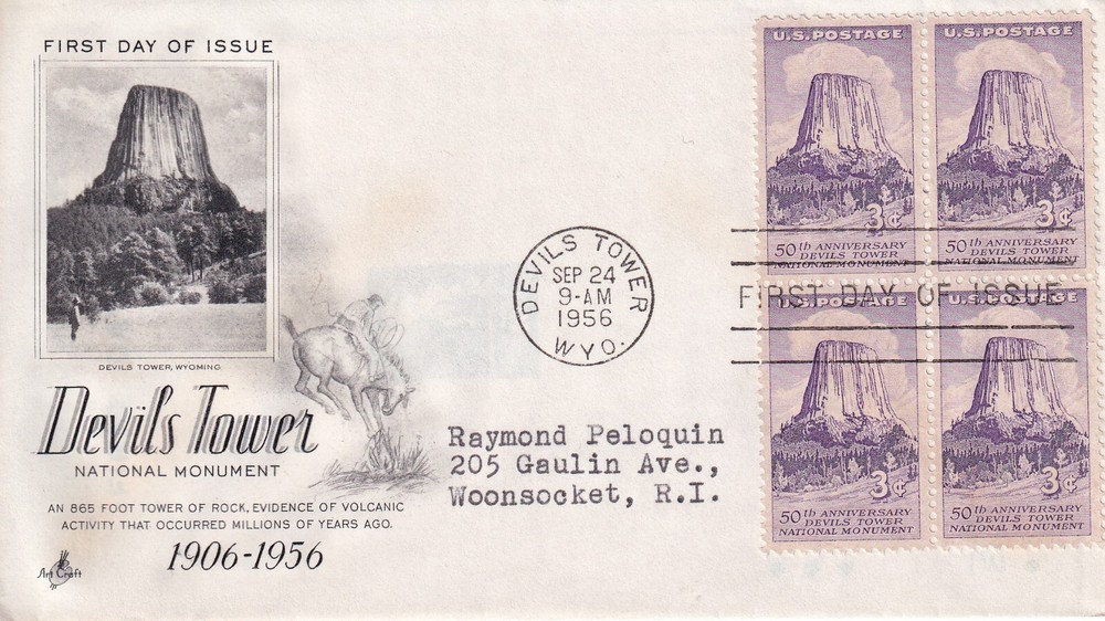 STAMP US SCOTT 1084 "Devil's Tower" 3 CENT 1956 BLOCK OF 4 FDC - C