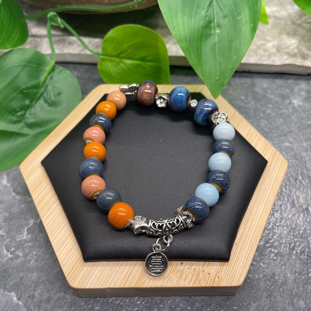 Handmade Ceramic Bead Beaded Stackable 6.5” Plus Stretch Bracelet New B505