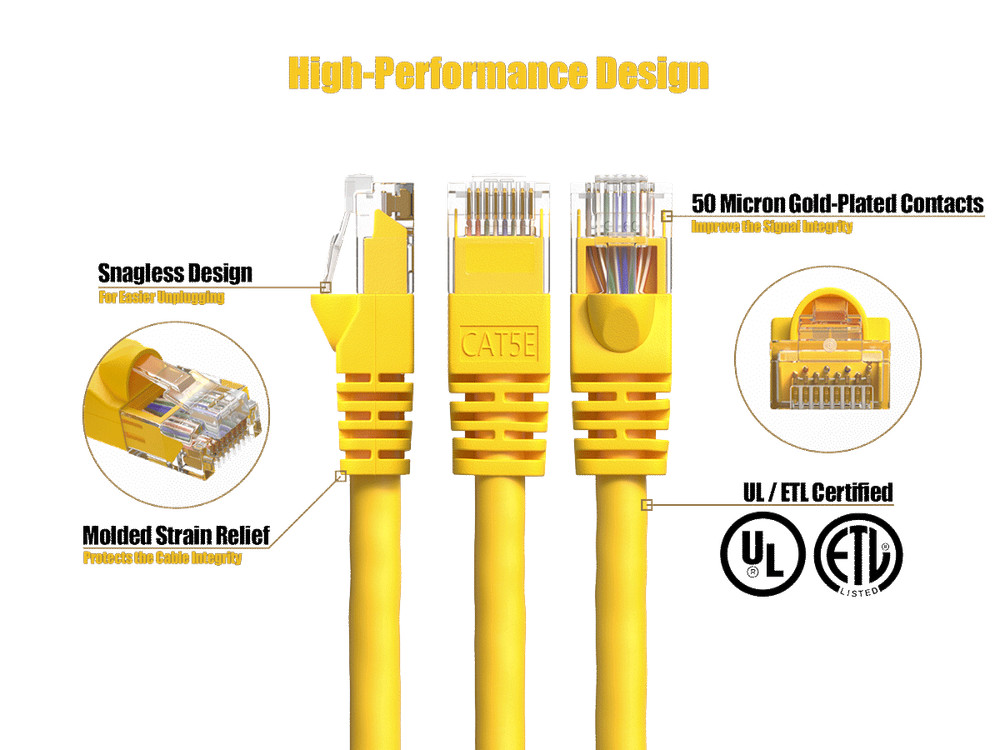 14ft Cat5e UTP Ethernet Network Patch Cable Snagless 24AWG Bare Copper, Yellow