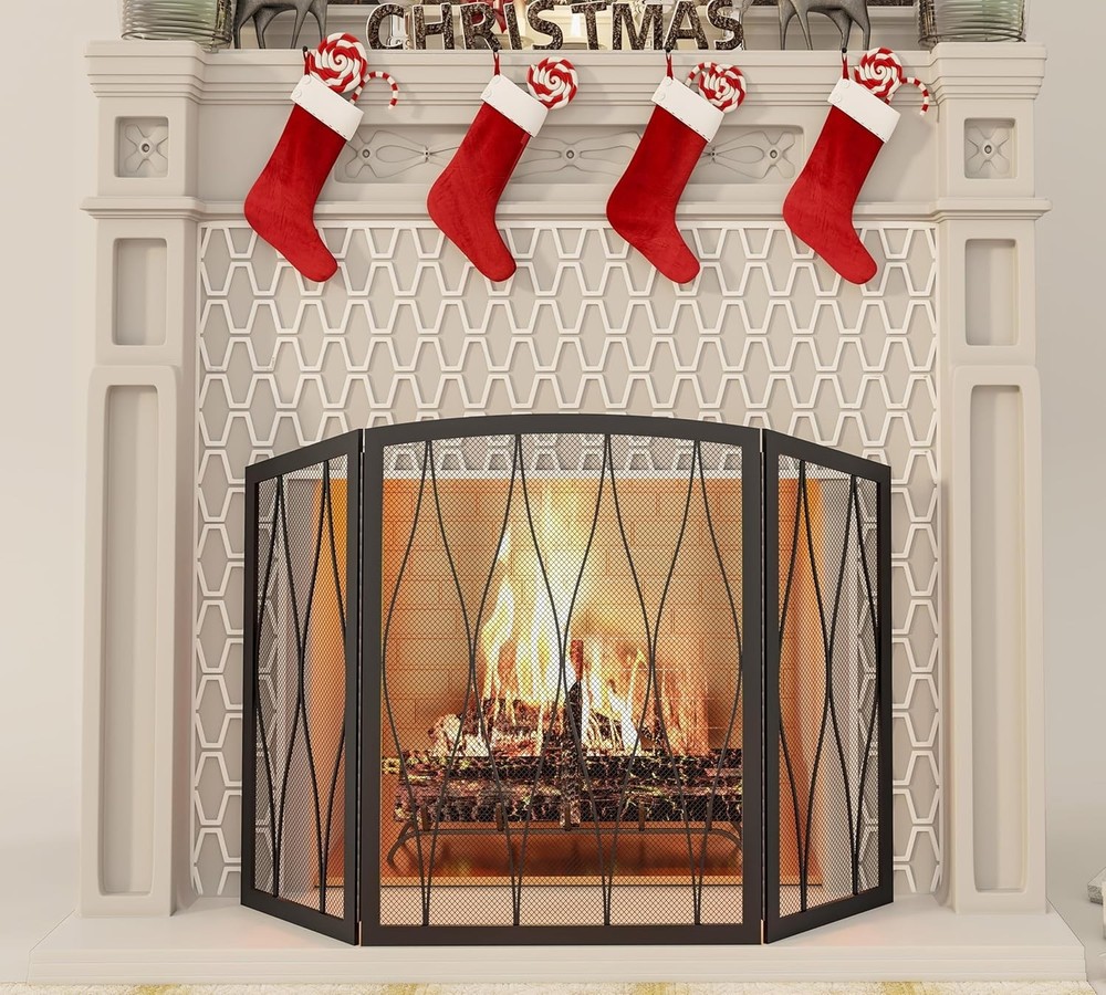 Childproof Fireplace Screen 3- Panel Modern Handcrafted Wrought Iron Foldable