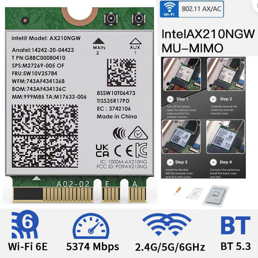 Intel AX210 WiFi 6E Card M.2 WiFi Bluetooth 5.3 Laptop Card NGFF Key-A or Key-E