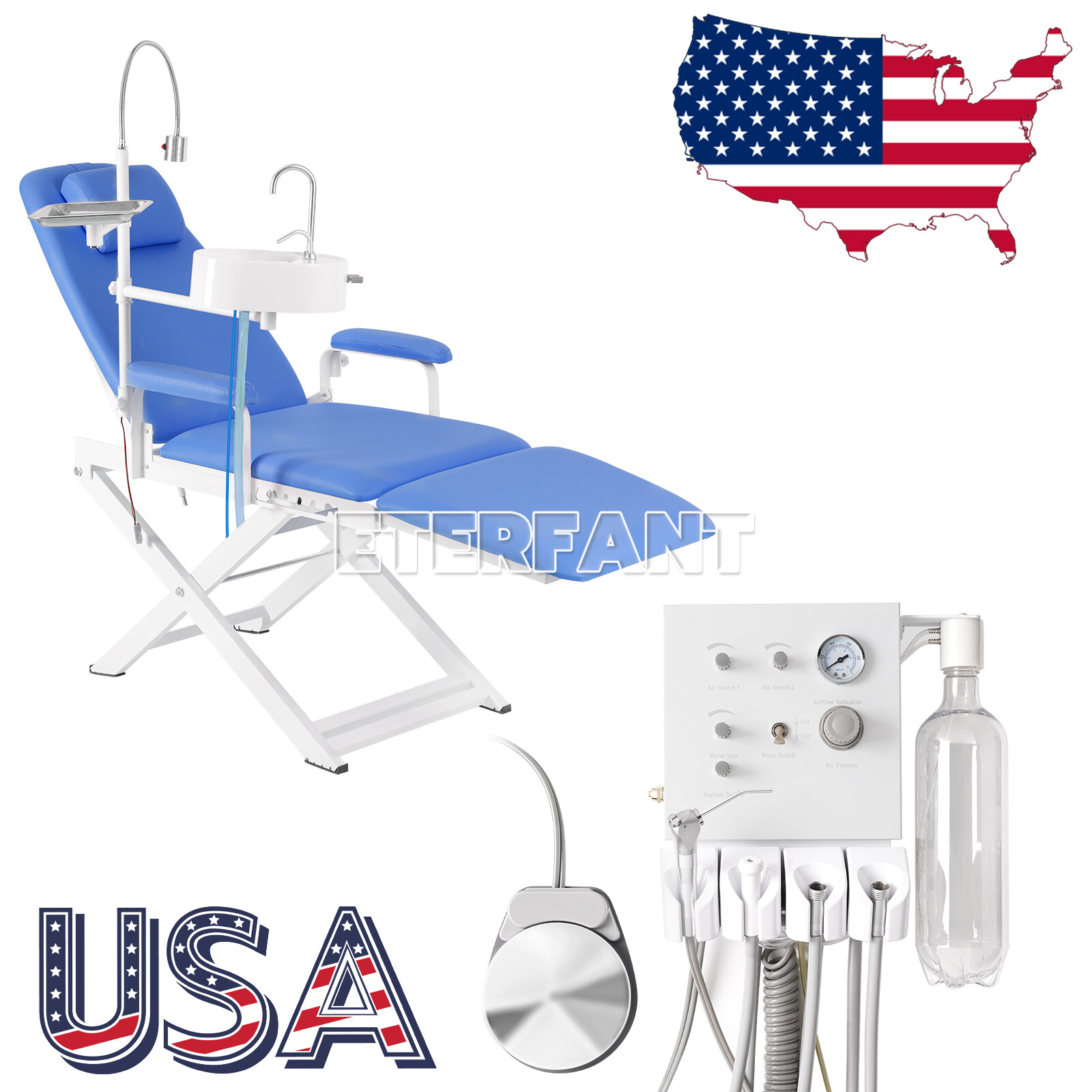 Dental Portable Folding Chair Blue/Unit Air Turbine Dentist LED Exam Light US