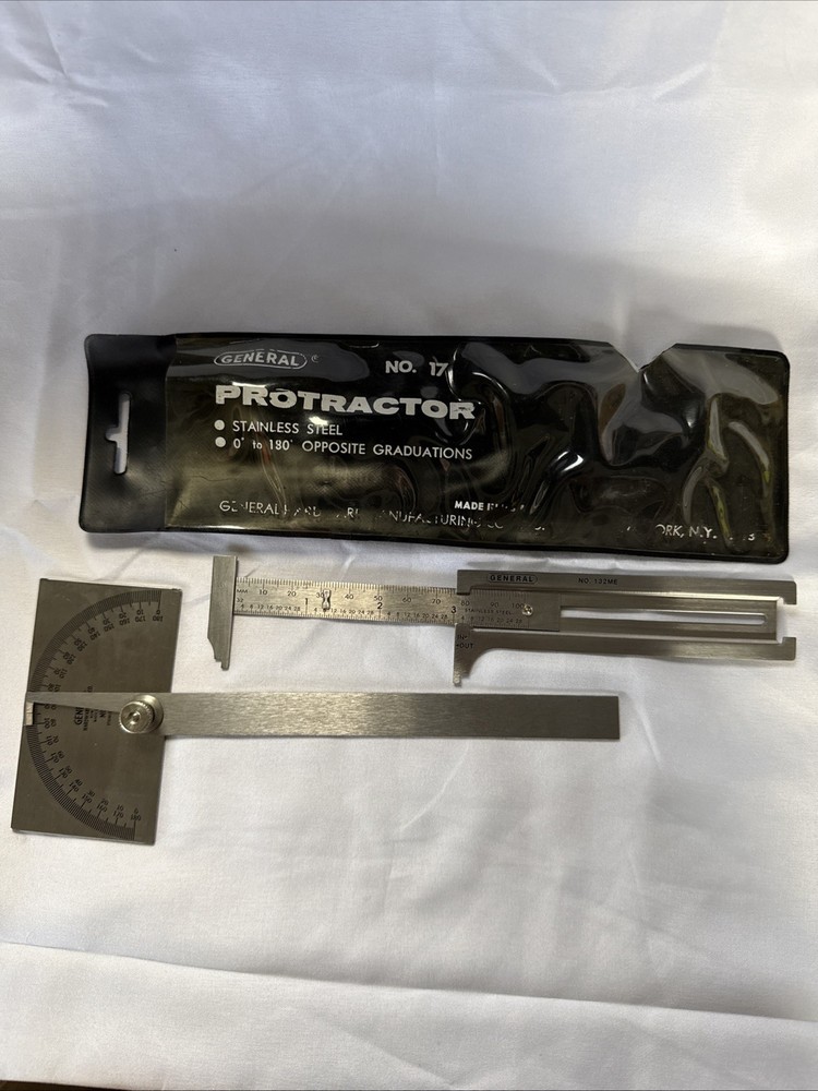 GENERAL HARDWARE MACHINISTS PROTRACTOR , CALIPER, POCKET RULER, 3 PC SET - Nice!