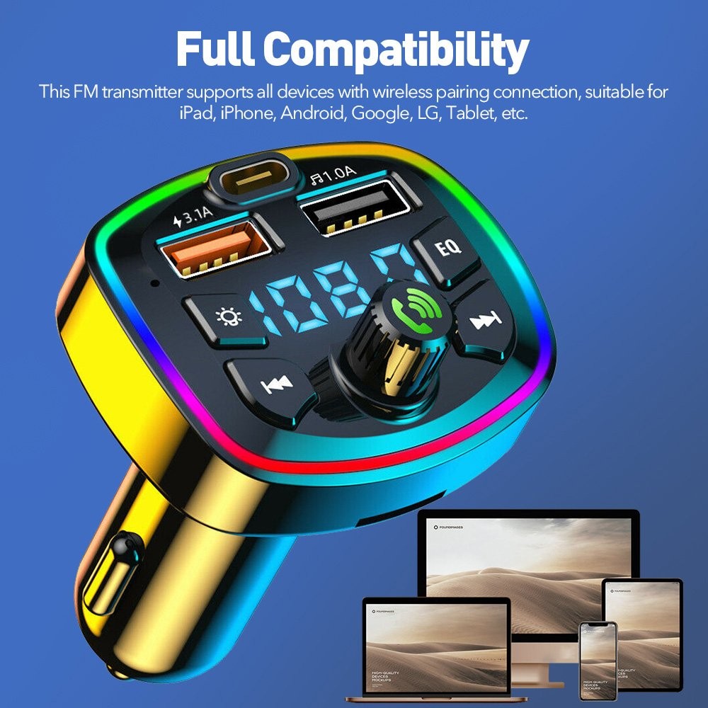 Bluetooth 5.0 Car Wireless FM Transmitter Adapter 2USB PD Charger Hands-Free MP3